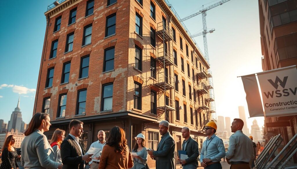 A lively urban scene showcasing the conversion of a historic building into modern use, dominated by an old brick structure being renovated. In the foreground, a group of diverse investors in professional attire evaluates architectural plans, with an architect pointing at a digital tablet. The middle ground features construction workers in hard hats, actively restoring the façade, blending contemporary materials with original elements. The background reveals a vibrant city skyline under a clear blue sky, enhanced by warm sunlight casting soft shadows. The atmosphere is optimistic and collaborative, reflecting the exciting possibilities in today's real estate market. The image subtly incorporates the logo of WSV Group Construction on a nearby banner, emphasizing their role in this transformation. A lively urban scene showcasing the conversion of a historic building into modern use, dominated by an old brick structure being renovated. In the foreground, a group of diverse investors in professional attire evaluates architectural plans, with an architect pointing at a digital tablet. The middle ground features construction workers in hard hats, actively restoring the façade, blending contemporary materials with original elements. The background reveals a vibrant city skyline under a clear blue sky, enhanced by warm sunlight casting soft shadows. The atmosphere is optimistic and collaborative, reflecting the exciting possibilities in today's real estate market. The image subtly incorporates the logo of WSV Group Construction on a nearby banner, emphasizing their role in this transformation.