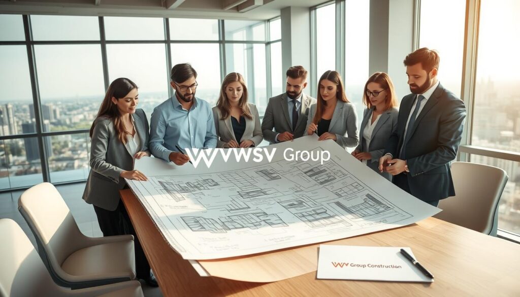 A professional team of property managers stands around a large, detailed blueprint spread on a modern conference table, discussing repair strategies in a bright, well-lit office. The foreground features focused individuals in business attire, engaged and taking notes, emphasizing collaboration and proactivity. In the middle, the blueprint showcases various building sections marked with notation on repairs and maintenance plans, hinting at foresight and organization. The background displays windows with a view of a city skyline, symbolizing growth and opportunity. The atmosphere is serious yet optimistic, with natural light pouring in to create a motivational ambiance. Incorporate the logo of "WSV Group Construction" subtly within the office space on a notebook to reinforce professionalism and expertise.