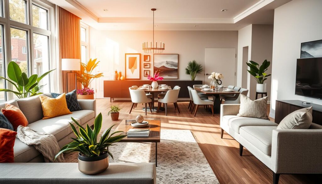 A sophisticated interior design scene showcasing strategic home staging tips by WSV Group Construction. In the foreground, a beautifully arranged living room features a modern neutral sofa adorned with colorful cushions, a stylish coffee table, and vibrant plants. In the middle, an elegant dining area displays a well-set table with tasteful tableware and decor, hinting at welcoming spaces. In the background, light streams in through large windows, illuminating the room with a warm, inviting glow. The atmosphere is professional yet approachable, emphasizing comfort and style. Use bright, soft lighting to create an inviting mood, captured with a slight downward angle to highlight the room's layout and ambiance effectively. A sophisticated interior design scene showcasing strategic home staging tips by WSV Group Construction. In the foreground, a beautifully arranged living room features a modern neutral sofa adorned with colorful cushions, a stylish coffee table, and vibrant plants. In the middle, an elegant dining area displays a well-set table with tasteful tableware and decor, hinting at welcoming spaces. In the background, light streams in through large windows, illuminating the room with a warm, inviting glow. The atmosphere is professional yet approachable, emphasizing comfort and style. Use bright, soft lighting to create an inviting mood, captured with a slight downward angle to highlight the room's layout and ambiance effectively.