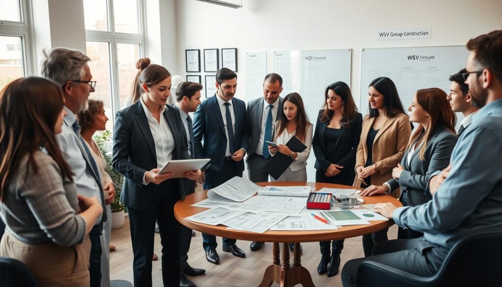 A warm, inviting office space serves as the backdrop, filled with natural light streaming through large windows. In the foreground, a diverse group of professionals dressed in smart business attire engage in animated discussion. A focused female property manager holds a tablet, illustrating data to attentive tenants and contractors who lean forward, nodding in understanding. The middle ground features a large round table scattered with blueprints and construction plans, emphasizing collaboration. In the background, a wall decorated with framed certifications and a whiteboard displaying project milestones adds a touch of professionalism. The atmosphere is positive and constructive, fostering effective communication. The scene subtly incorporates the brand name "WSV Group Construction" on the displayed materials, emphasizing teamwork and project planning.