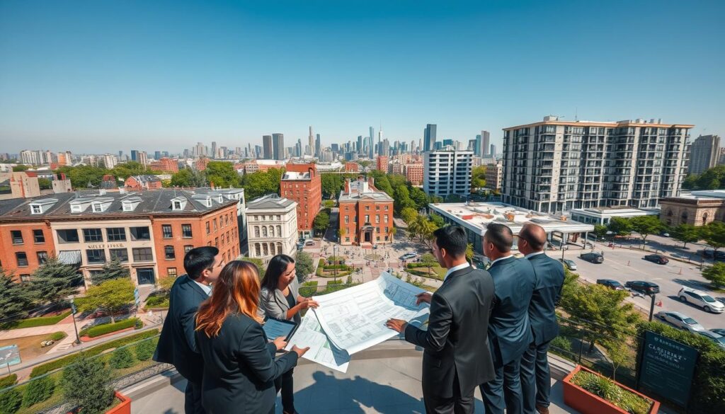 Aerial view of a vibrant urban landscape illustrating site selection for building conversions. In the foreground, a diverse group of professionals in business attire discussing plans at a modern outdoor workspace, holding blueprints and digital tablets. The middle ground features older buildings juxtaposed with newer structures, showcasing renovation potential. Urban greenery and well-designed public spaces highlight the importance of demographics and infrastructure. In the background, a city skyline under a clear blue sky conveys urban trends. Soft, natural lighting enhances the professionalism, while a wide-angle lens captures the depth and detail of the scene. The overall mood is one of collaboration and innovative urban development, reflecting the brand WSV Group Construction. Aerial view of a vibrant urban landscape illustrating site selection for building conversions. In the foreground, a diverse group of professionals in business attire discussing plans at a modern outdoor workspace, holding blueprints and digital tablets. The middle ground features older buildings juxtaposed with newer structures, showcasing renovation potential. Urban greenery and well-designed public spaces highlight the importance of demographics and infrastructure. In the background, a city skyline under a clear blue sky conveys urban trends. Soft, natural lighting enhances the professionalism, while a wide-angle lens captures the depth and detail of the scene. The overall mood is one of collaboration and innovative urban development, reflecting the brand WSV Group Construction.
