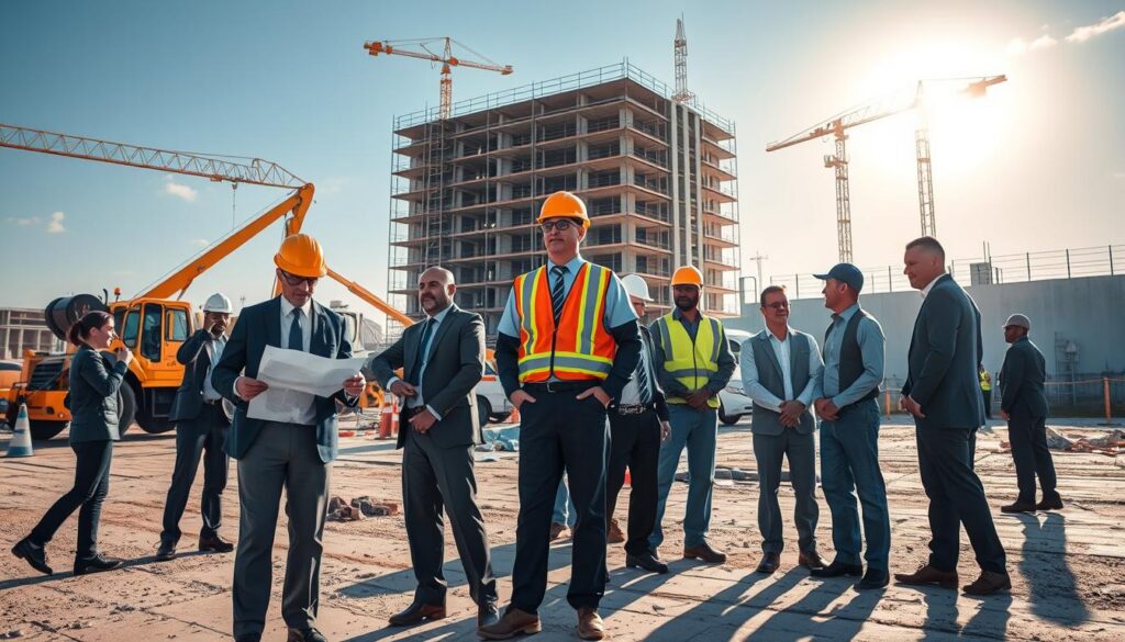 A bustling construction site vividly illustrating "Roles and Responsibilities in Construction Projects." In the foreground, a diverse group of professionals in business attire—including a project manager reviewing blueprints, a safety officer inspecting gear, and subcontractors communicating—highlights teamwork. The middle ground features heavy machinery and scaffolding, symbolizing the various trades at work. In the background, a partially completed building rises under a bright blue sky, showcasing progress. Soft, natural lighting casts dynamic shadows, suggesting an active workday atmosphere. The scene underscores the critical need for coordination among trades. Include the brand "WSV Group Construction" subtly integrated into the environment, perhaps on a construction sign or equipment. The overall mood is focused and productive, emphasizing collaboration and responsibility on the job site.