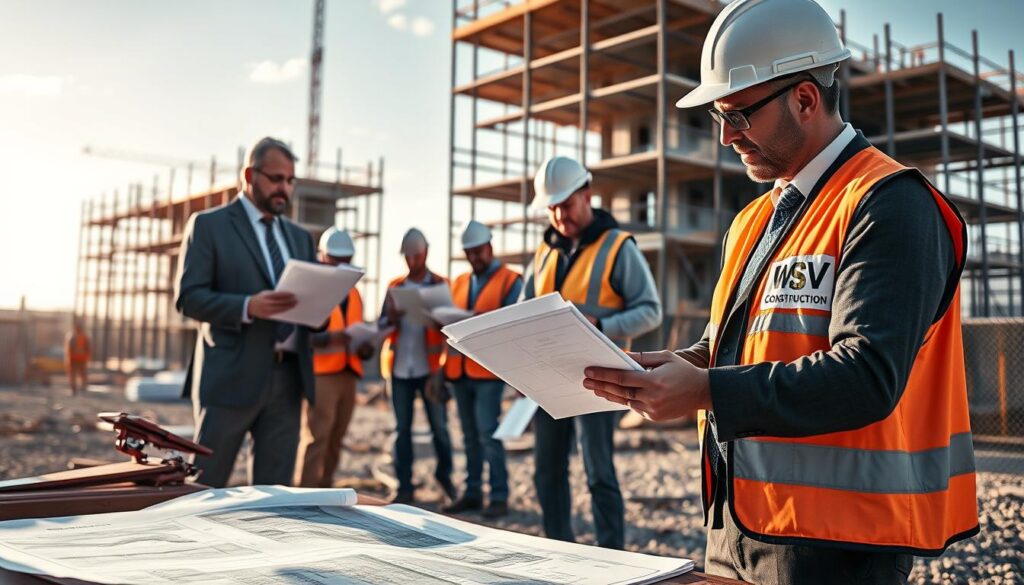 A construction site with workers actively integrating documentation into their routine. In the foreground, a project manager in smart business attire reviews construction plans and photographs on a digital tablet, while a worker organizes physical documents and notes. In the middle, builders are collaborating, referencing blueprints and discussing project updates. The background features scaffolding and a partially completed structure under a clear sky, illuminated by warm, natural sunlight, creating an inviting atmosphere. The image captures a sense of professionalism and teamwork, emphasizing the importance of integrating documentation. The WSV Group Construction logo is subtly visible on a safety vest worn by one of the workers. The composition conveys focus and efficiency in a modern construction environment.