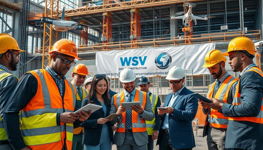 A modern construction job site bustling with activity, showcasing various tools and technologies enhancing visibility and coordination. In the foreground, a diverse group of subcontractors in professional business attire is engaged around digital tablets displaying real-time project data. In the middle ground, advanced equipment like drones capturing aerial footage and smart cameras monitoring the site are operational. The background features a large construction crane, scaffolding, and the WSV Group Construction logo prominently displayed on a site banner. The scene is lit with natural daylight, creating a bright and productive atmosphere. Capture this image from a slightly elevated angle to emphasize the interconnectedness of technology and the workforce on site.