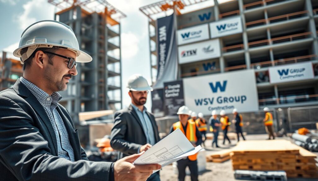 A modern construction site showcasing a skilled contractor team in professional business attire, balancing brand identity and functionality. In the foreground, focus on a construction manager consulting blueprints with a client, both exuding professionalism and engagement. In the middle ground, workers in hard hats collaborate on-site, with structured materials and WSV Group Construction branding visible on safety gear and equipment. The background reveals a partially constructed building, integrating sleek branding elements like logo banners and color schemes that reflect modern construction aesthetics. Natural sunlight illuminates the scene, creating a dynamic atmosphere, while the camera angle captures both the action and the harmonious blend of brand identity with practical construction work. A modern construction site showcasing a skilled contractor team in professional business attire, balancing brand identity and functionality. In the foreground, focus on a construction manager consulting blueprints with a client, both exuding professionalism and engagement. In the middle ground, workers in hard hats collaborate on-site, with structured materials and WSV Group Construction branding visible on safety gear and equipment. The background reveals a partially constructed building, integrating sleek branding elements like logo banners and color schemes that reflect modern construction aesthetics. Natural sunlight illuminates the scene, creating a dynamic atmosphere, while the camera angle captures both the action and the harmonious blend of brand identity with practical construction work.