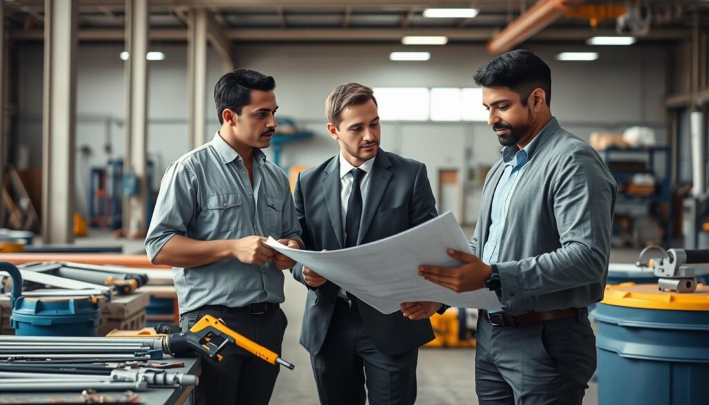A professional and reliable team of contractors from WSV Group Construction is shown in action within a facility setting. In the foreground, a diverse group of three technicians, dressed in professional business attire, is engaging in a discussion while examining blueprints. The middle ground features various tools and equipment neatly organized, symbolizing preparedness and efficiency. The background depicts a well-maintained facility with clear lighting, highlighting the importance of a reliable team for operational success. The image is infused with a collaborative atmosphere, evoking trust and professionalism, under soft, natural lighting. The camera angle is slightly elevated, capturing the full scope of the environment and the focused expressions of the team members. A professional and reliable team of contractors from WSV Group Construction is shown in action within a facility setting. In the foreground, a diverse group of three technicians, dressed in professional business attire, is engaging in a discussion while examining blueprints. The middle ground features various tools and equipment neatly organized, symbolizing preparedness and efficiency. The background depicts a well-maintained facility with clear lighting, highlighting the importance of a reliable team for operational success. The image is infused with a collaborative atmosphere, evoking trust and professionalism, under soft, natural lighting. The camera angle is slightly elevated, capturing the full scope of the environment and the focused expressions of the team members.