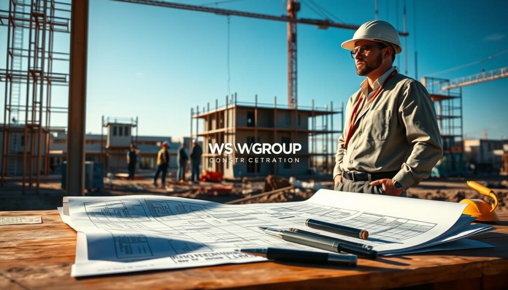 A professional contractor overseeing a small construction project, dressed in a smart, casual outfit, stands on a well-organized construction site. In the foreground, detailed blueprints and project management tools are spread out on a sturdy table, illustrating meticulous planning and contractor discipline. The middle ground features a partially constructed building, with workers in hard hats collaborating efficiently, showcasing teamwork and diligence. The background displays scaffolding and construction materials under a clear blue sky, symbolizing progress and organization. Warm, natural lighting enhances the positive atmosphere of productivity and professionalism. Include the logo of "WSV Group Construction" subtly on equipment or documents within the scene to reinforce brand identity. A professional contractor overseeing a small construction project, dressed in a smart, casual outfit, stands on a well-organized construction site. In the foreground, detailed blueprints and project management tools are spread out on a sturdy table, illustrating meticulous planning and contractor discipline. The middle ground features a partially constructed building, with workers in hard hats collaborating efficiently, showcasing teamwork and diligence. The background displays scaffolding and construction materials under a clear blue sky, symbolizing progress and organization. Warm, natural lighting enhances the positive atmosphere of productivity and professionalism. Include the logo of "WSV Group Construction" subtly on equipment or documents within the scene to reinforce brand identity.
