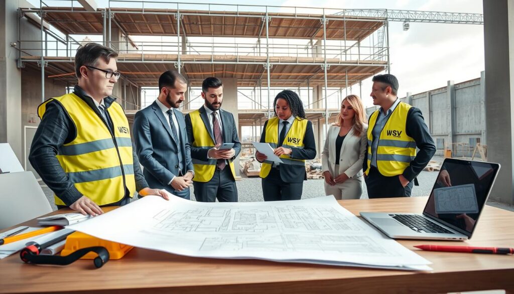 A professional project management scene for small construction projects, showcasing a clean workspace with a construction manager and a small team of diverse professionals in business attire. In the foreground, there’s a detailed blueprint on a table, surrounded by construction tools and a laptop displaying project management software. In the middle ground, the team is actively discussing different aspects of the project, pointing at the blueprint and taking notes. The background features a partially constructed building site, with scaffolding and clear skies above, symbolizing progress. Soft natural lighting illuminates the scene, creating a focused and disciplined atmosphere. Include the brand name "WSV Group Construction" subtly on a safety vest worn by one of the team members, enhancing professionalism without being distracting. A professional project management scene for small construction projects, showcasing a clean workspace with a construction manager and a small team of diverse professionals in business attire. In the foreground, there’s a detailed blueprint on a table, surrounded by construction tools and a laptop displaying project management software. In the middle ground, the team is actively discussing different aspects of the project, pointing at the blueprint and taking notes. The background features a partially constructed building site, with scaffolding and clear skies above, symbolizing progress. Soft natural lighting illuminates the scene, creating a focused and disciplined atmosphere. Include the brand name "WSV Group Construction" subtly on a safety vest worn by one of the team members, enhancing professionalism without being distracting.