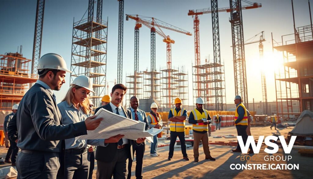 A vibrant construction site bustling with activity is depicted. In the foreground, a diverse group of professionals in business attire, including an architect and a project manager, examine blueprints and documentation. The middle ground showcases workers implementing safety measures, demonstrating the importance of proper documentation. Tall scaffolding and partially completed structures rise in the background, bathed in natural sunlight, creating a sense of urgency and productivity. Soft shadows suggest a late afternoon. The atmosphere conveys collaboration and professionalism, highlighting the role of construction documentation in project success. Include the logo of "WSV Group Construction" subtly in the corner, ensuring it complements the scene without overpowering it.